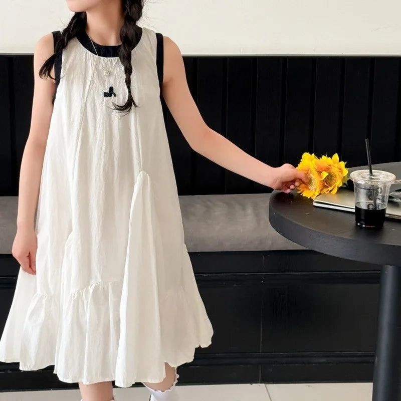 New Summer Girls Princess Dress Kids Sleeveless Dress with Ruffles Design Dresses for Teen Child Casual Vacation Beach Dress
