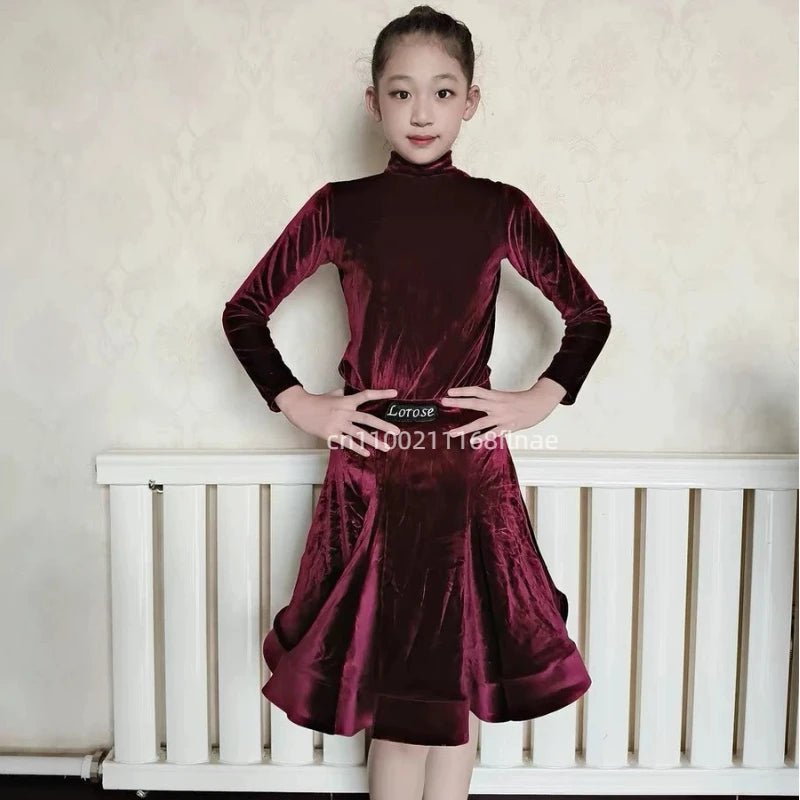 Girls' Latin Dance Dress Autumn/Winter Long Sleeve Professional Practice Dress Velvet Split Set Dance Performance Dress