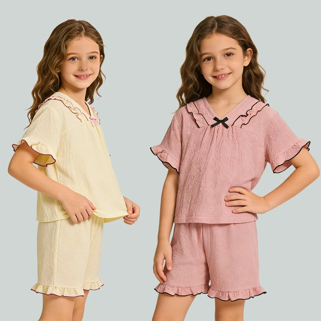 Summer Kids Pajamas set Cotton Seersucker Sibling Matching Pjs Sleepwear Baby Clothes Loungewear Girls Boys Pyjamas Sets
