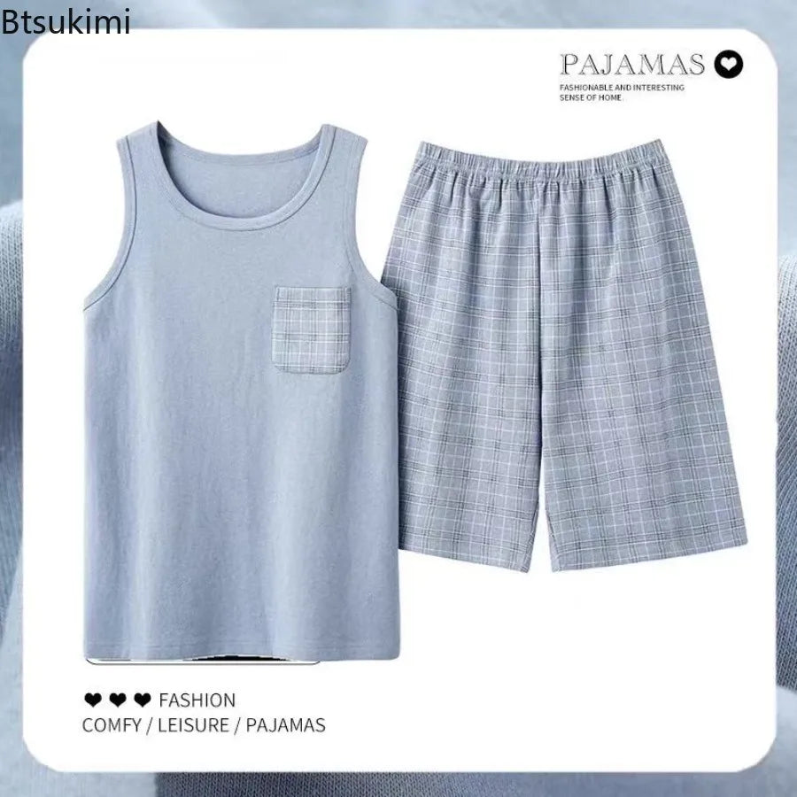 2026 New Men's Pajamas Sets Casual 100% Cotton Home Wear Sleeveless O-Neck Vest and Shorts Two Piece Sets Summer Couple Pajamas