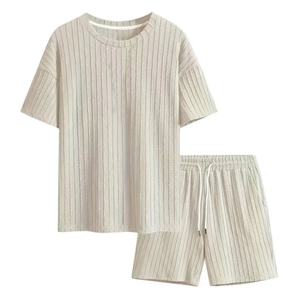 Men's Two Pcs Suits Outdoor Sports Running T-shirt Shorts Sets Solid Stripe Short-sleeve Men Spring Summer Casual Gym Sportswear