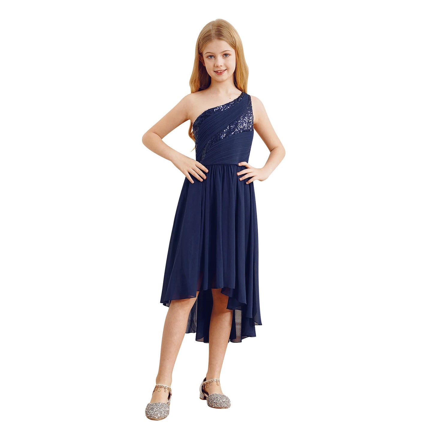 2025 Teens Girl's Dress for Wedding Party Sequin One Shoulder Princess Formal Gown for Holy Communion Chiffon Flower Girl Dress
