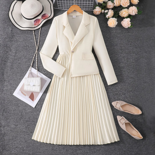 Teen Girls' 13-16Y Blazer Dress - Classic Cream Color, Asymmetrical Hem, Romantic & Elegant, Ideal for Formal Occasions, Stylish