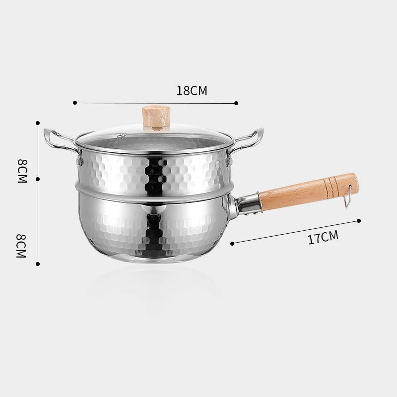 Stainless Steel Pan Japanese Snow Pan Wooden Handle Lid Stew Pots Fry Wok Saucepan Milk Pot Kitchen Utensils Practical Cookware