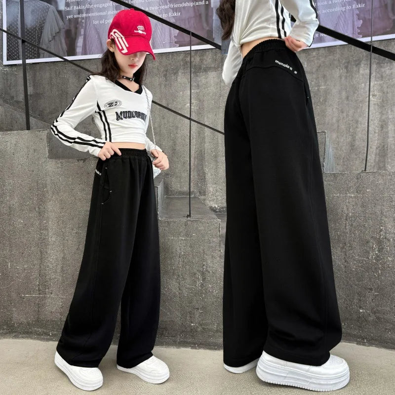 Girls Sweatpants 2025 Spring  Autumn New Style Teenagers Fashion Casual Sports Pants Children Straight Loose Wide-leg Trackpants