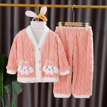 New Kids Girls Pajamas Set Thick Warm Cartoon Two Piece Loungewear Soft Comfortable Sleepwear Home Clothes for 3-10 Years Winter