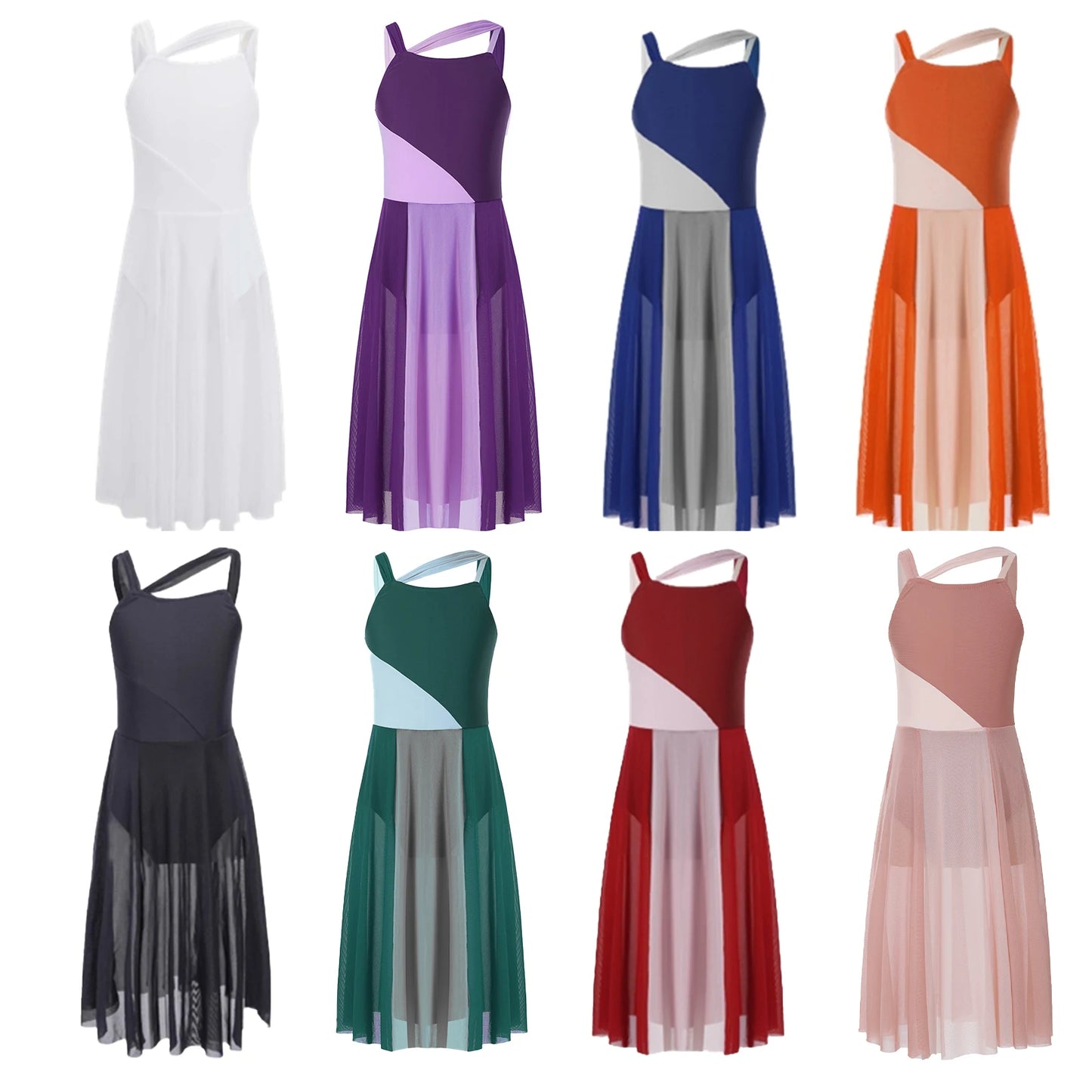Girls Lyrical Cut Out Front Tulle Dance Dress Gymnastics Training Leotard Modern Contemporary Dancewear Costume