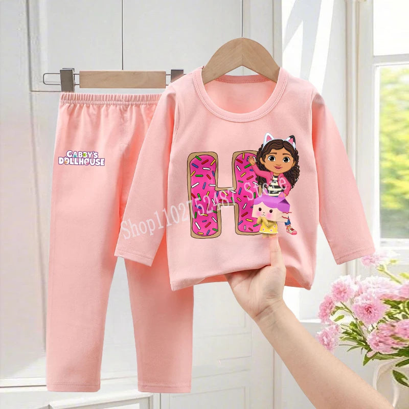 Gabby Dollhouses Pajamas Pants Set Girls Cute Letter A-Z Nightwear Trousers Kids Winter Home Clothes Children Long Sleeves Gift