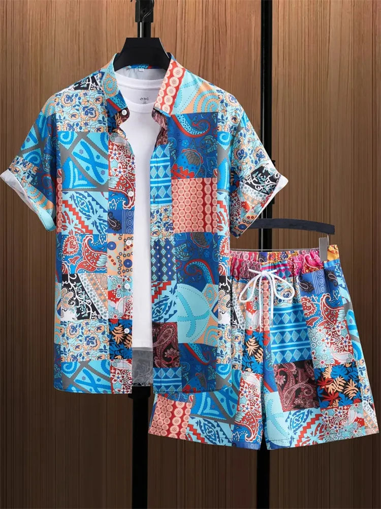 2024 New Men's Beach Wear 2-Piece Quick Drying Hawaiian Shirt and Shorts Set Summer Men's Fashion Striped Print Casual Wear