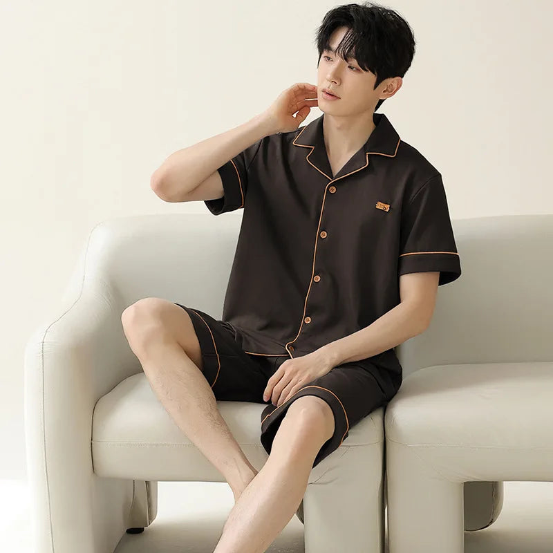 Pajamas for Men Spring Autumn Long Sleeve Lapel Button-up Cardigan Trousers Two-pieces Loose Casual Home Clothes Men Pajama Sets