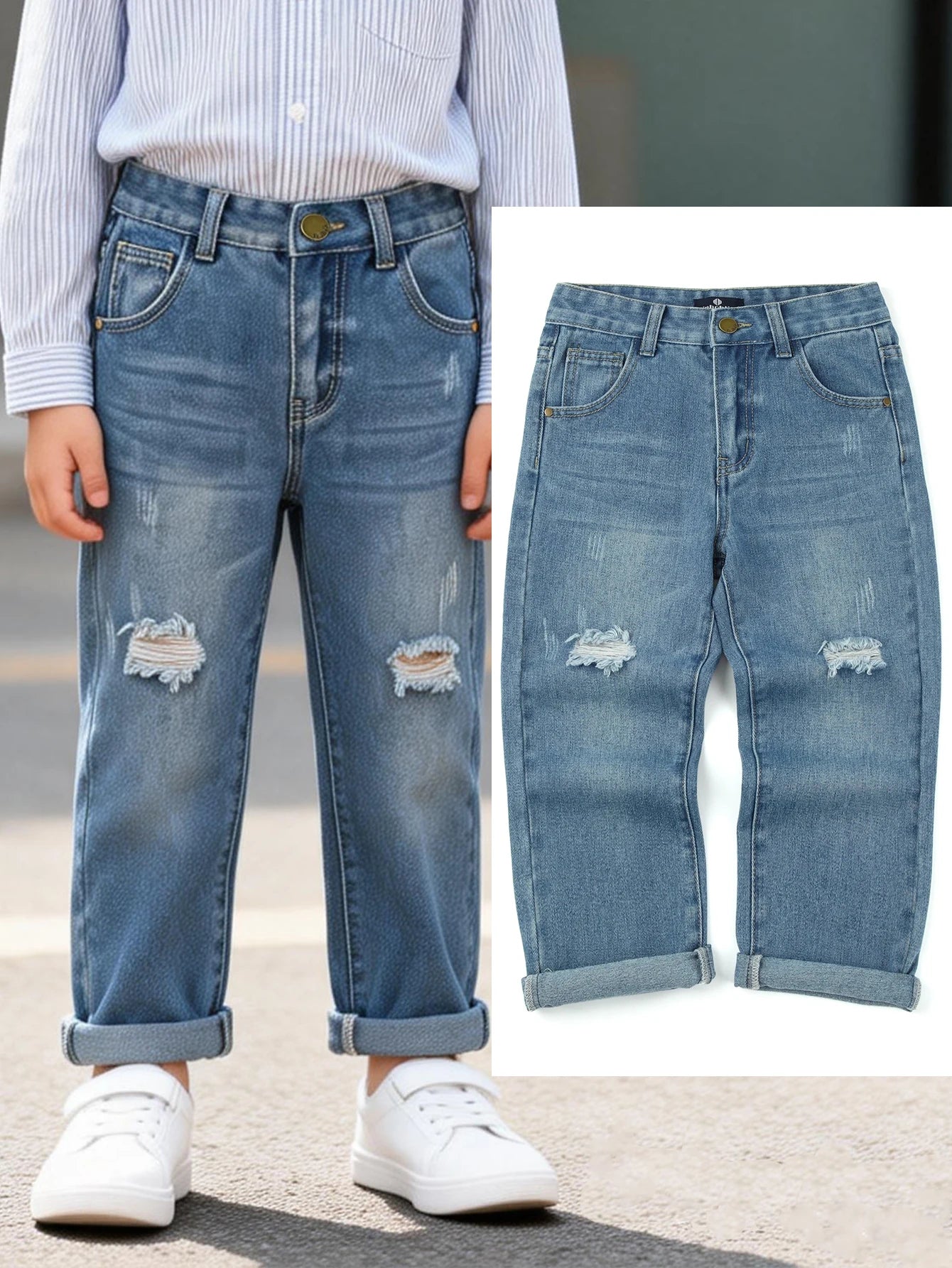Boy Ripped Jeans Trendy Solid Denim Pants Child Pocket Trousers Kids Clothing Teenagers Student All Seasons Gift 3-9Y