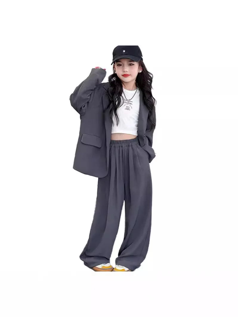 Spring Autumn Girls Blazer Suits Clothing Set Kids Jackets+Pants Fashion Loose Teenage Casual Outfits 4-14 child Casual Costumes