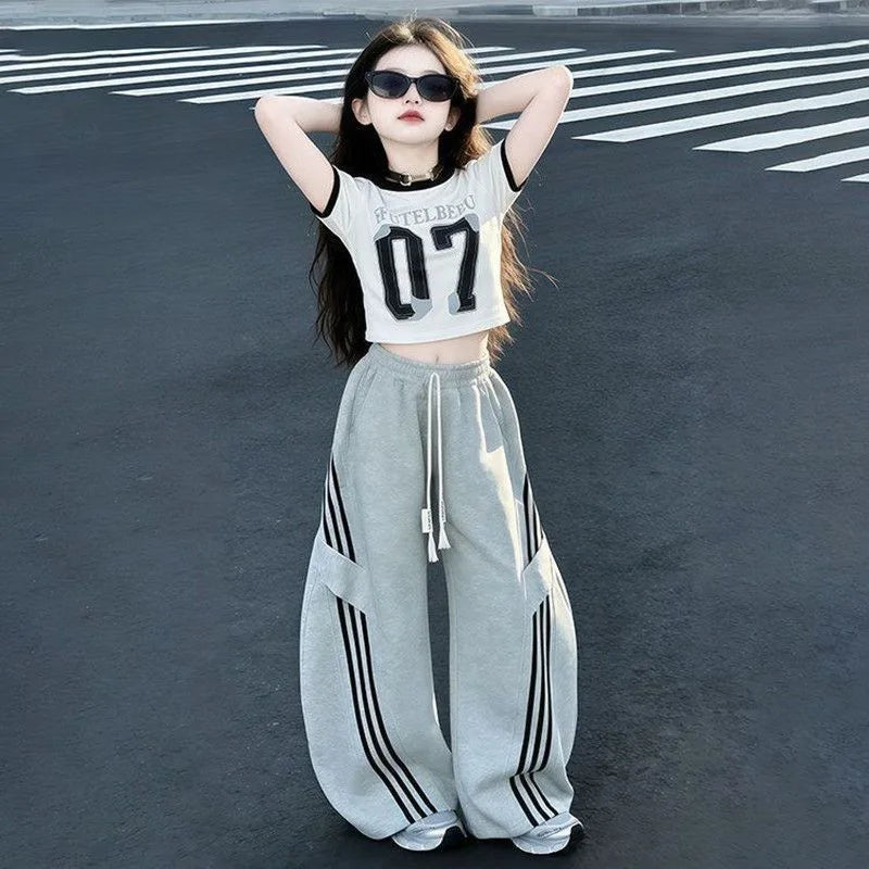 Summer Teenage Girls Clothes Set Children ONeck Tshirt and Casual Long Pants Suit Student School Short Sleeve Top Bottom Outfits