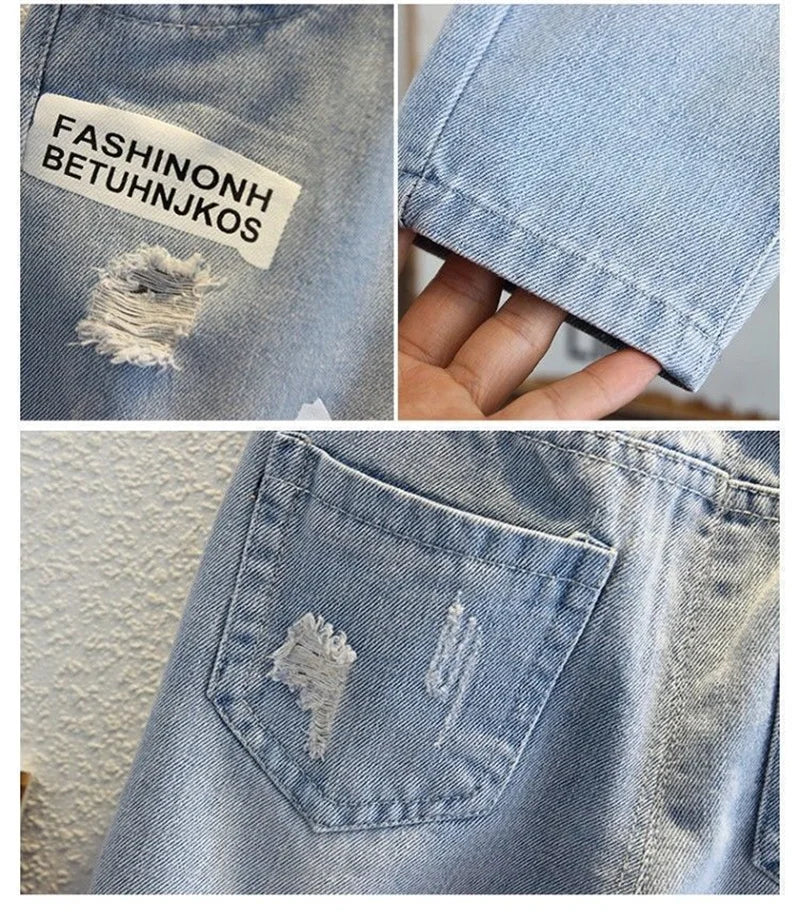 Boys Jeans Spring Autumn New Kids Hole Demin Pants Children Wear Teen Fashion Fit Long Pants Print Harlequin Trousers 3-12 Years