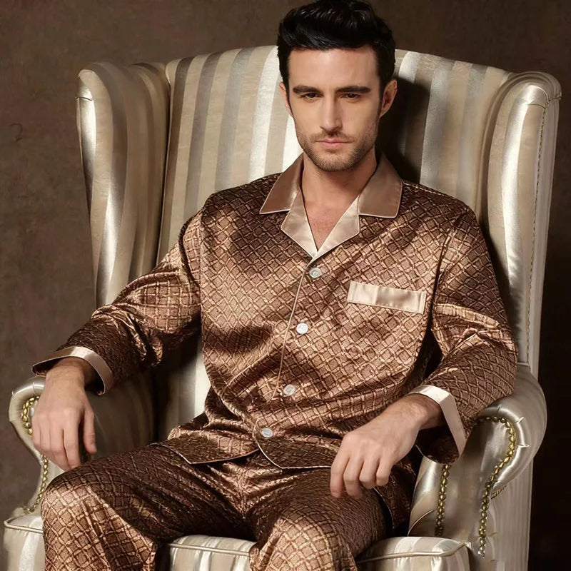 Plus Size Men's Pajamas 2PCS Sleepwear Set Fashion Print Silk Satin Trouser Pijamas Suit Spring New Male Home Clothes Loungewear
