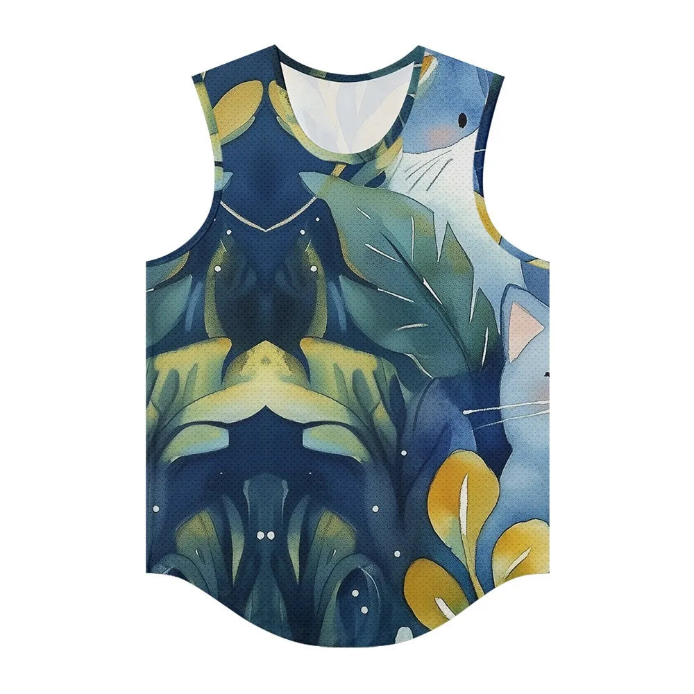 Men Vests Trendy Tropical Monstera Printed Breathable Beach Artistic Essential Tank Top Activewear Sports Oversized Clothing