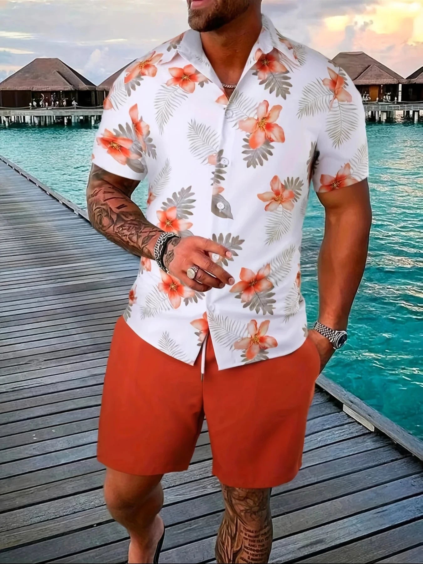 Men Sportswear 2PCS Shirts Suits Man 3D print Fashion Shirts+Shorts Two Piece Sets Hawaii Beach lapel Shirt Set Unisex Clothing