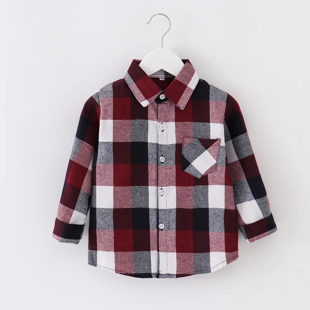 Shirts for Boys Spring Autumn Fashion Casual Plaid Blouse School Boys Clothes Long Sleeve Brushed Shirt Teen Children Clothes