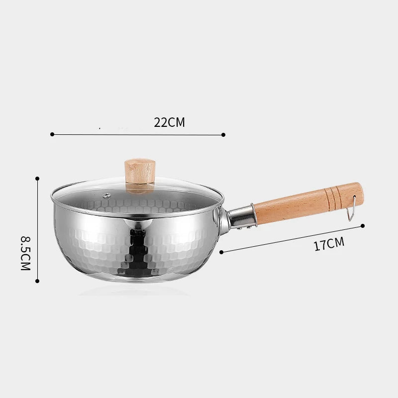 Stainless Steel Pan Japanese Snow Pan Wooden Handle Lid Stew Pots Fry Wok Saucepan Milk Pot Kitchen Utensils Practical Cookware