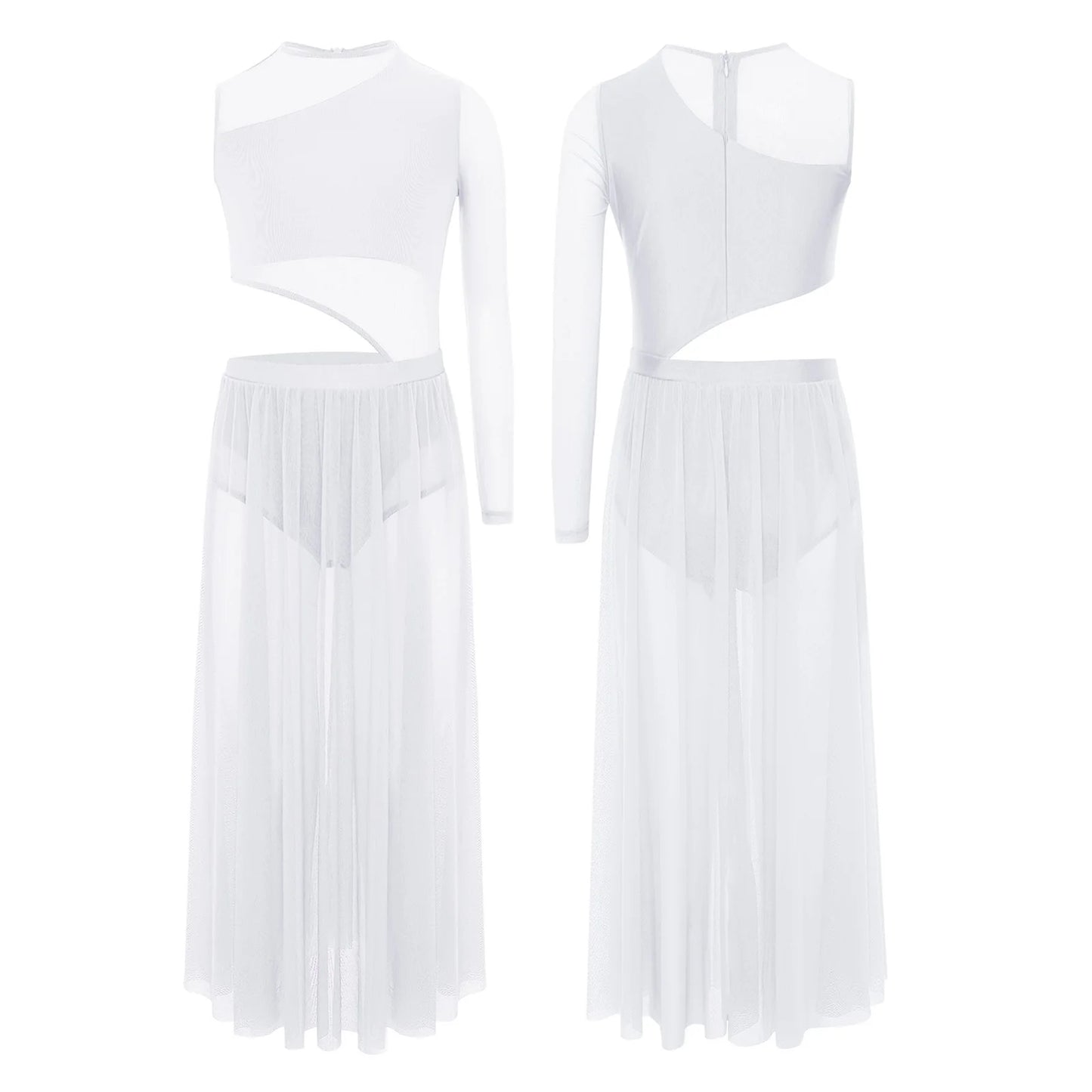 Kids Girls Modern Lyrical Dance Dresses Delicate Applique Keyhole Back Side Split Irregular Hem Asymmetrical Ruched Mesh Dress