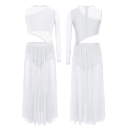 Kids Girls Modern Lyrical Dance Dresses Delicate Applique Keyhole Back Side Split Irregular Hem Asymmetrical Ruched Mesh Dress