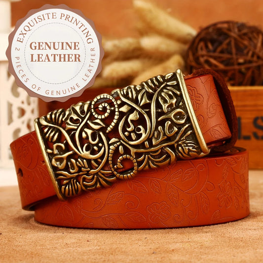 Vintage Flora Women Belts Cowhide Leather Belt Waistband with Sculpture Alloy Buckle for Dresses Skirts and Jeans