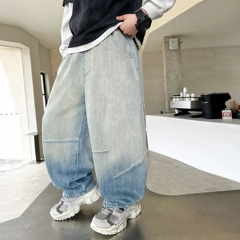 Cool Boy High Fashion Street Baggy Jeans Kids Retro Blue Wide Leg Denim Pants Loose Style Child Luxury Gradient Jeans Trousers