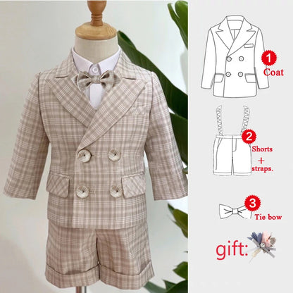Baby Photograph Boys Suit Children Clothes Set Spring Khaki Lattice Birthday Dress Kids costume Tuxedo Coat+Shorts With Strap