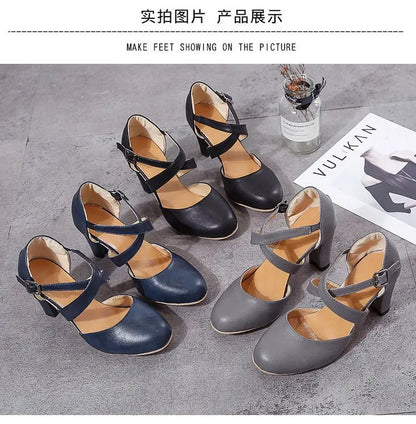 Women High Heels Shoes 2023 Autumn New Round Toe Chunky Heel Casual Platform Women's Shoes Female Belt Buckle