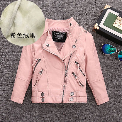 2-14 Years Old Girls Faux Leather Jacket Children PU Coat Long Sleeve Zip Belt Locomotive Jacket Stylish Teen Kids Boys Jackets