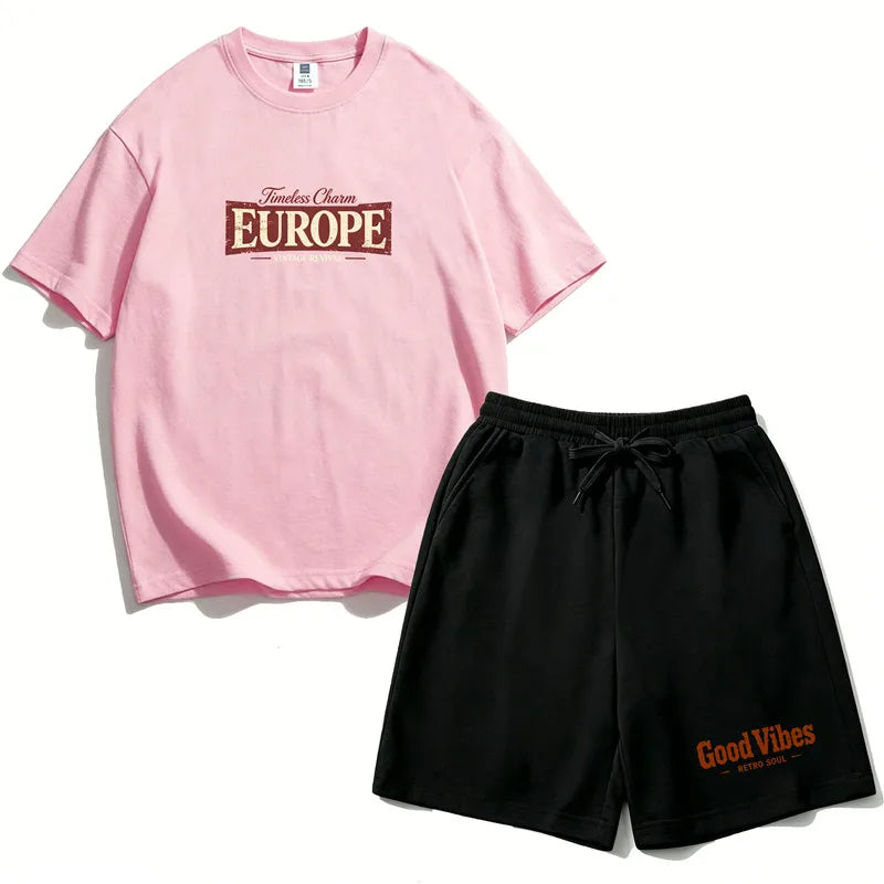 Teen Girls Clothing Set Summer Cotton Short Sleeve Top Shorts 2PCS Casual Europe Graphic Tee Distressed Print Clothes Set EU1