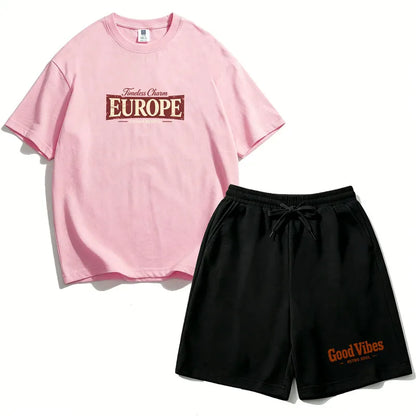 Teen Girls Clothing Set Summer Cotton Short Sleeve Top Shorts 2PCS Casual Europe Graphic Tee Distressed Print Clothes Set EU1