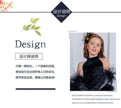 Girls Pageant Dress High Neck Halter Feather Sleeves Tiered Tulle Gown Formal Party Wedding Flower Girl Birthday Costume