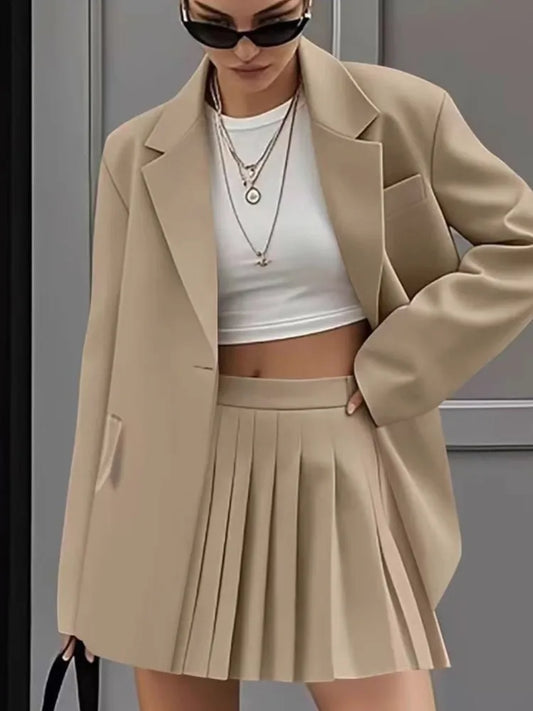 Women's New Fashion Casual Two-Piece Sets Pleated Skirt Suits Women Spring Autumn Office Ladies Solid Suit Coat And Skirt Set