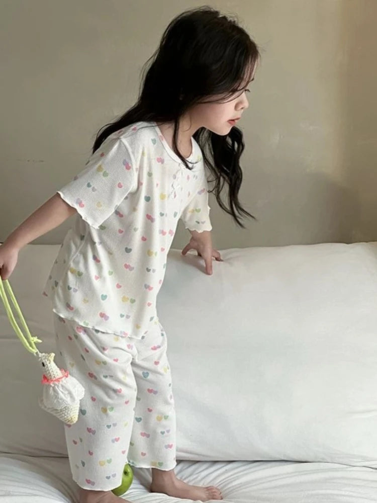 Girls Summer Ice Silk Pajamas Set Short Sleeve Long Pants Sweet Cute Baby Loungewear for Air Conditioning
