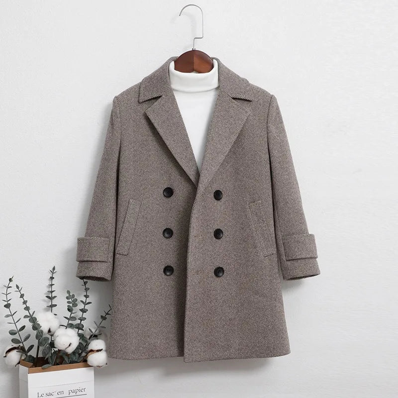 Boys Girls Winter Thick Warm Wool Coat Kids Windproof Cotton Padded Long Jacket Children Fromal Woolen Coat Teens Clothes