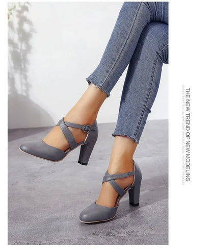 Women High Heels Shoes 2023 Autumn New Round Toe Chunky Heel Casual Platform Women's Shoes Female Belt Buckle