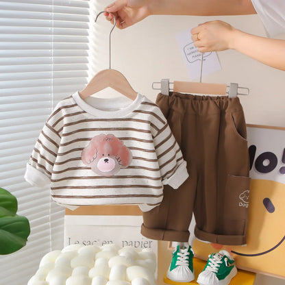 1-5Y Baby Girls Clothes Cute Casual New Style Outfit Kids Boys Clothing Cotton Puppy Print Striped Sweatshirt Tops and Pants Set