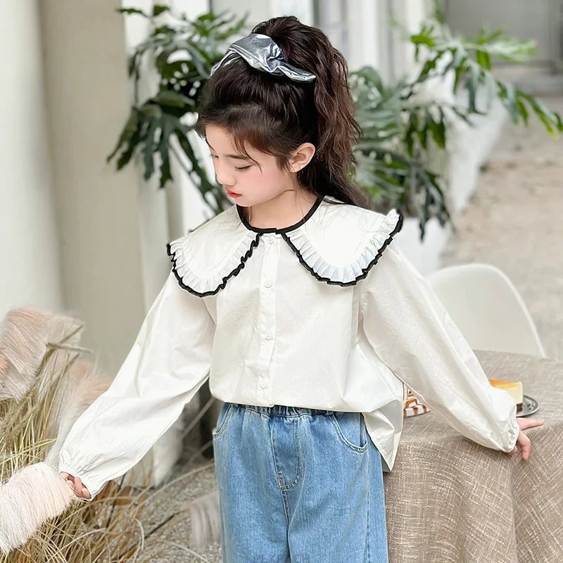New Fashion Kids Long Sleeve Blouse With Big Collar For School Girls Trendy Outfit Tops Teens Child White Shirt Clothes Costume