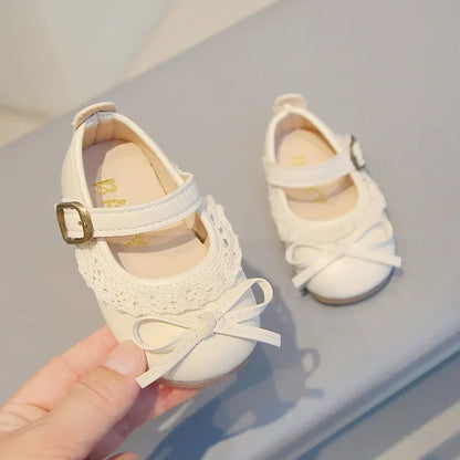 Girls Walking Shoes Sweet Lace Simple Bows 2025 New Baby Princess Shoes Round Toes Kids Leather Shoes Non-slip Soft Sole Flats