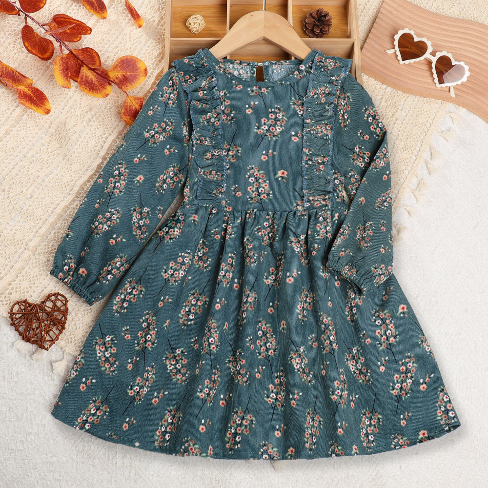 Girls' Dress 2023 Autumn New Girls' Round Neck Ruffled Flower Print Long Sleeve Dress Children's Fashion Dress
