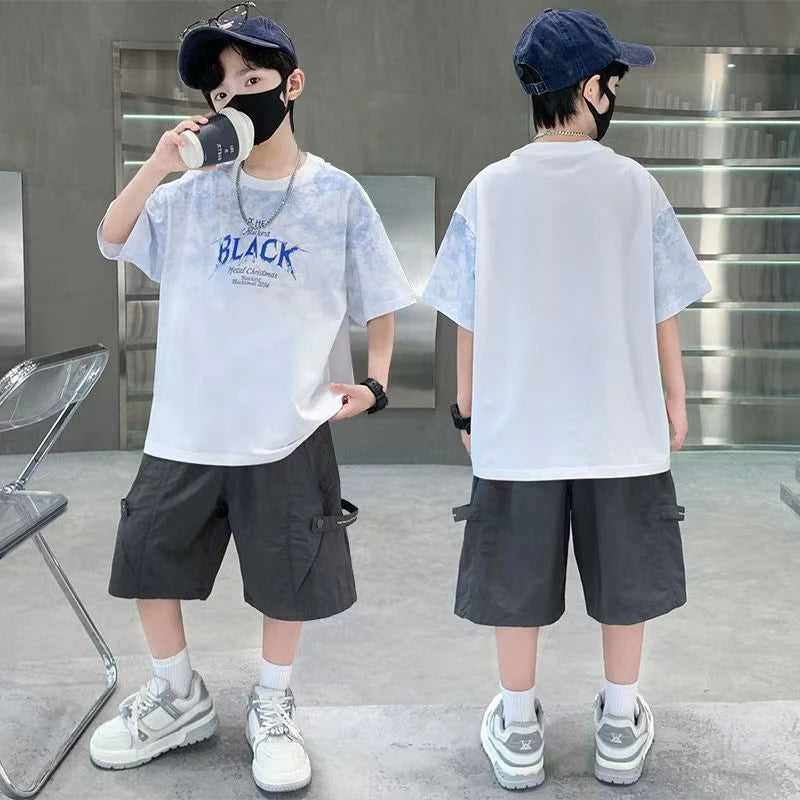 Teen Boys 2 Piece Summer Outfit Tie Dye Crewneck T-Shirt and Casual Cargo Shorts Set Big Kids Fashion Daily Street Outings Wear
