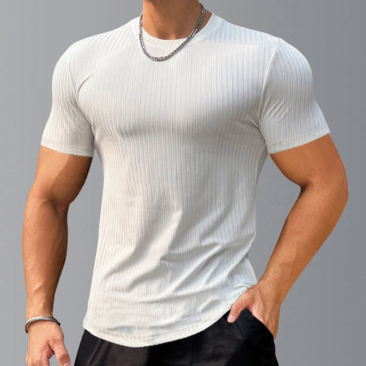 Men's Muscle Shirts Short Sleeve Casual Slim Fit Workout Tshirts Striped Curved Hem Light Weight Elastic