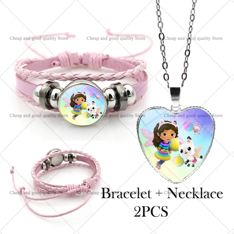 Gabby Dollhouse Girl Bracelets + Necklace Jewelry Set 2pcs Female Kawaii Necklace Chain Accessories Girl Party Birthday Gift Toy