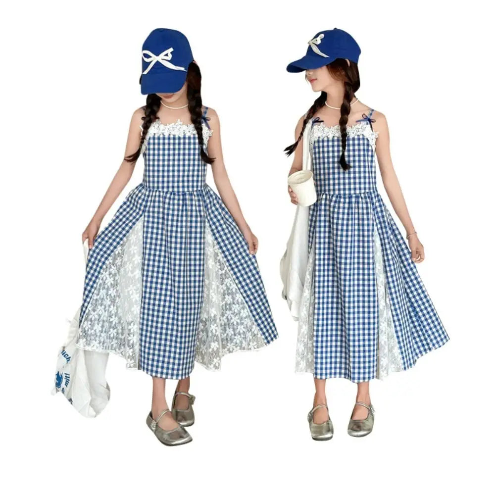 Fashion Plaid Girl Princess Dress Loose Lace Mesh Teens Sling Dress Sweet Skirt Children Sleeveless Dresses Summer