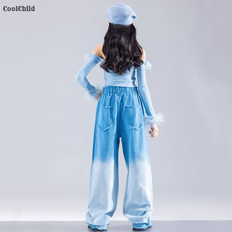 Girls K-pop Elegant Crop Top Cargo Pants Children Hip Hop Jazz Dance Shorts Kids Sweet Streetwear Costume Princess Clothes Sets