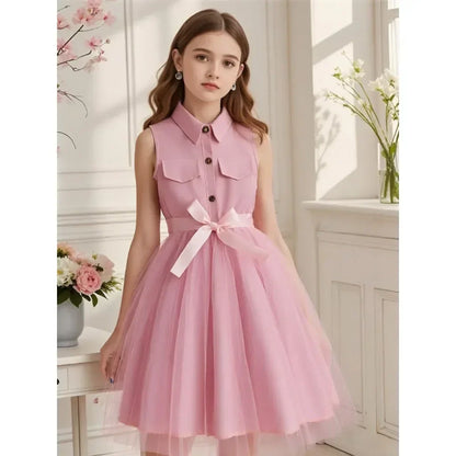Teen Girl Pink Dress Summer Sleeveless Fashion Mesh Children Dresses Casual Vacation Elegant Princess Dress  7 8 9 10 11 12 Yrs