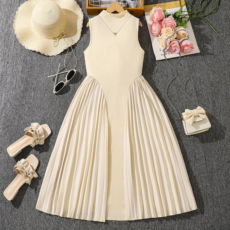 Summer New Teen Girls Dress Solid Color Patchwork Sleeveless A-Line Dress For 8-12 Years Girls Daily Casual Elegant Dance Dress