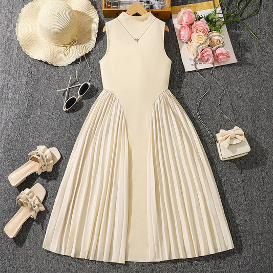 Summer New Teen Girls Dress Solid Color Patchwork Sleeveless A-Line Dress For 8-12 Years Girls Daily Casual Elegant Dance Dress