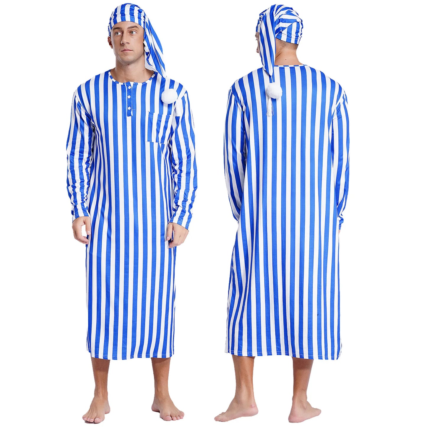 Men Sissy Sleep Robe Nightwear Long Sleeve Striped Night Dress with Adjustable Hat Nightdress Muslim Pajamas Sleepwear Homewear